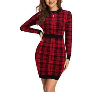 Women Colorblock Striped Long Sleeve Cotton Z Red Plaid Sweater Bodycon Dress